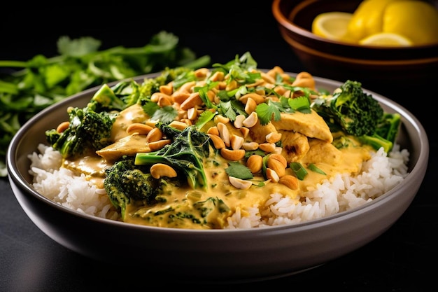 Thaise kip en pinda-curry met rijst in een grijze schaal op donkere achtergrond