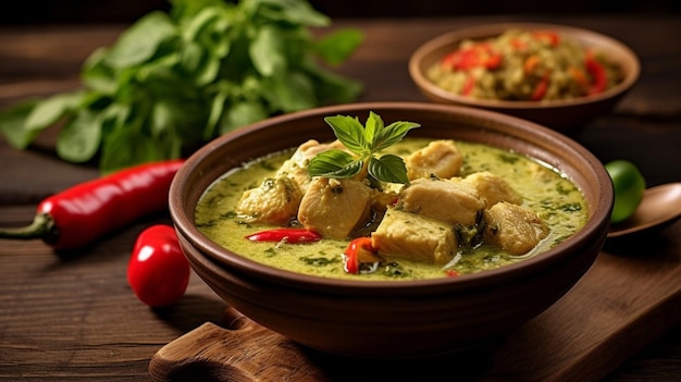 Thaise maaltijd geserveerd aan een houten tafel met groene curry kip en kokosnoot curry