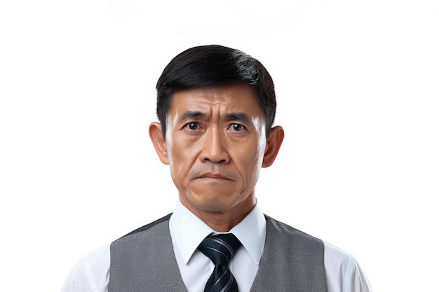Thaise man van middelbare leeftijd met een vest en stropdas op witte achtergrond