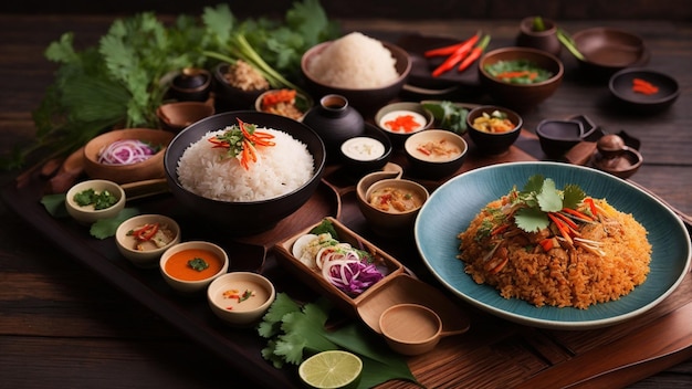 Foto thaise rijst eten op een prachtig gestructureerde houten tafel benadrukken de balans van kleuren ingrediënten