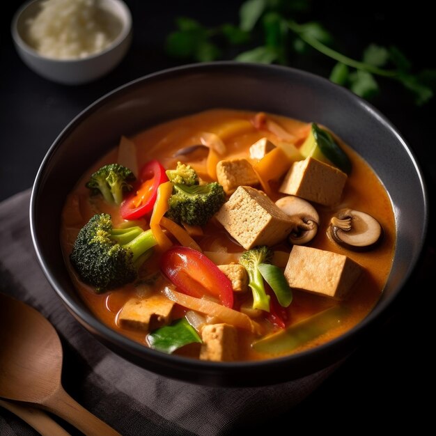 Thaise rode curry met rundvlees en aromatische kruiden in een kom