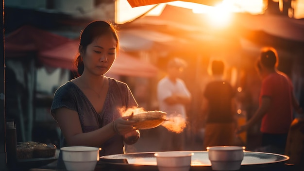 Foto thaise vrouw die pho verkoopt op de avond straatmarkt neuraal netwerk gegenereerd beeld