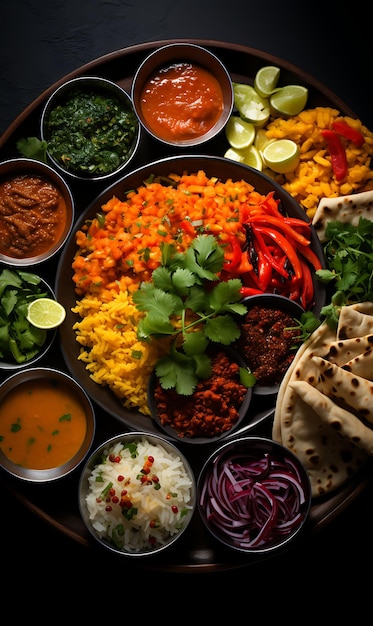 Foto thali-maaltijd met diverse curry's en roti kleurrijke en overvloedige indiase culinaire cultuurlay-outwebsite