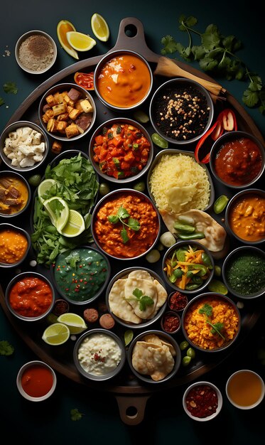 Foto thali-maaltijd met gevarieerde curries en roti kleurrijke en veelzijdige indiase culinaire cultuur layout website