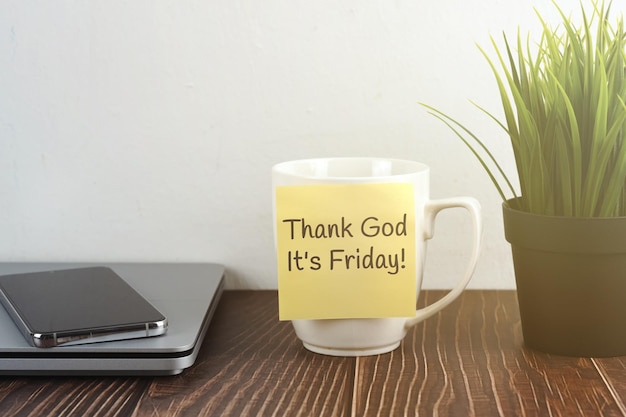 Thank God Its Friday on adhesive note stick on coffee cup