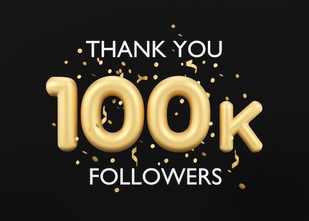 Grazie 100000 follower card con coriandoli dorati su sfondo nero banner per social network blog 100k follower celebrazione poster di successo dei social media rendering 3d