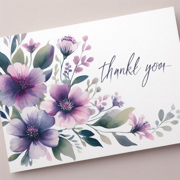 Photo thank you card in beautiful flowers bouquet on pink background