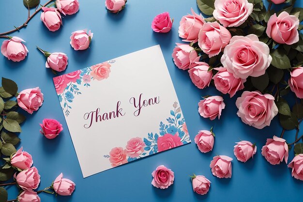 Фото Благодарственная открытка с розовыми розами на синем фоне