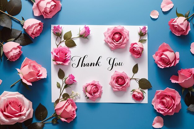 Фото Благодарственная открытка с розовыми розами на синем фоне