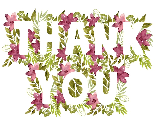 Photo thank you lettering in watercolor flowers and leaves botanical illustration