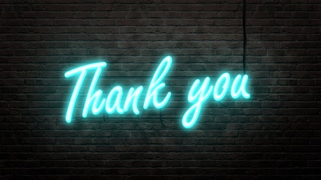 Photo thank you  neon sign emblem in neon style on brick wall background