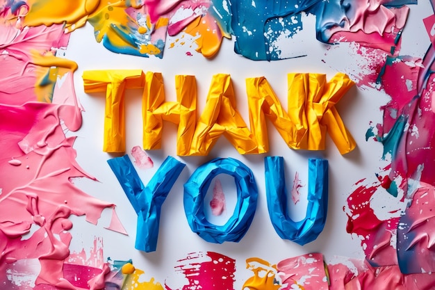 Thank you written in colorful paint on white background