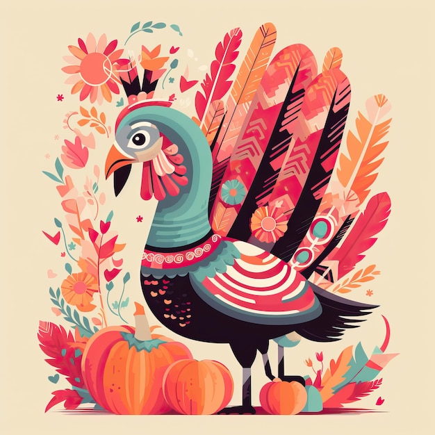 Photo thankful turkey holding pumpkin and an orange feather stock graphics in the style of colorful