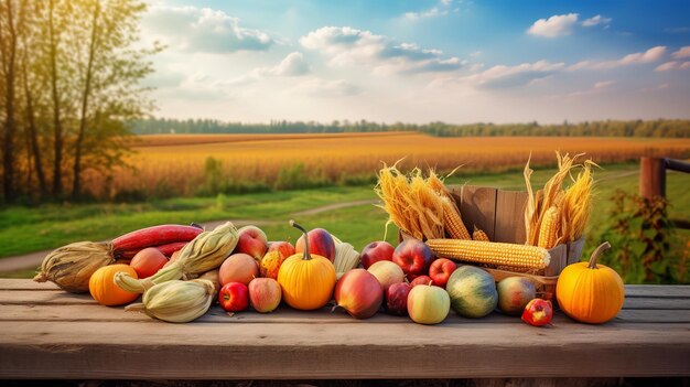 Thanksgiving achtergrond met pompoenen appels en maïs op houten tafel Generative Ai