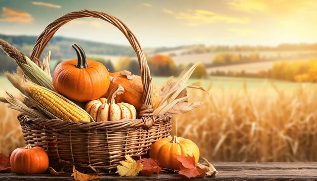 Foto agricoltura thanksgiving harvest banner con zucca in un cesto sul campo