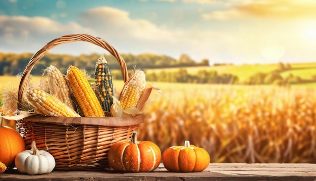 Foto agricoltura thanksgiving harvest banner con zucca in un cesto sul campo