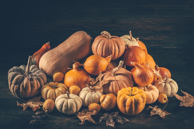 Thanksgiving and autumn background decoration with different pumpkins and dried leaves on wooden background