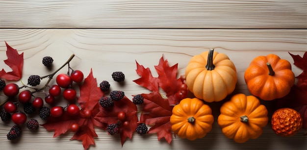 Thanksgiving autumn decor from pumpkins berries and leaves on a wooden with copy space