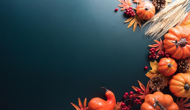 Thanksgiving and Autumn decoration concept made from autumn leaves and pumpkin on dark background Flat lay top view with copy space