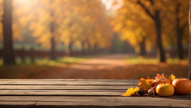 Thanksgiving or autumn scene with leaves on wooden table Autumn background with falling