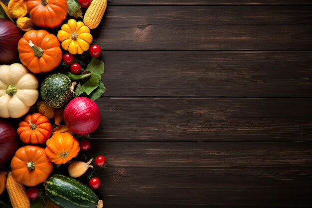 Thanksgiving background Vegetables on a wooden table Top view