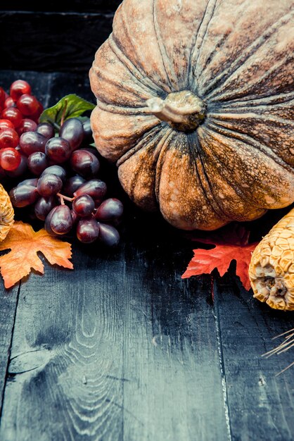 Thanksgiving background with fruit and vegetable on wood in autumn season.  Copy space for text.