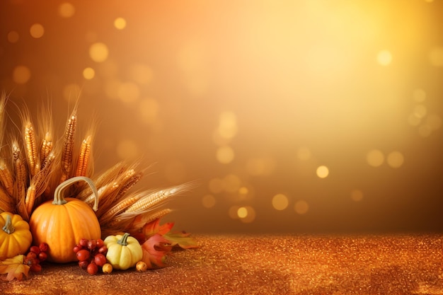 Thanksgiving background with a pumpkin and a bunch of wheat