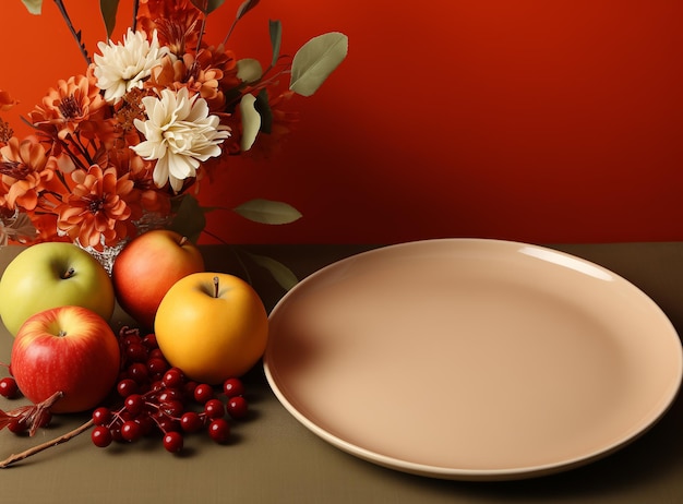 Thanksgiving borden met een bord voor Thanksgiving diner op kleurrijke doek achtergrond