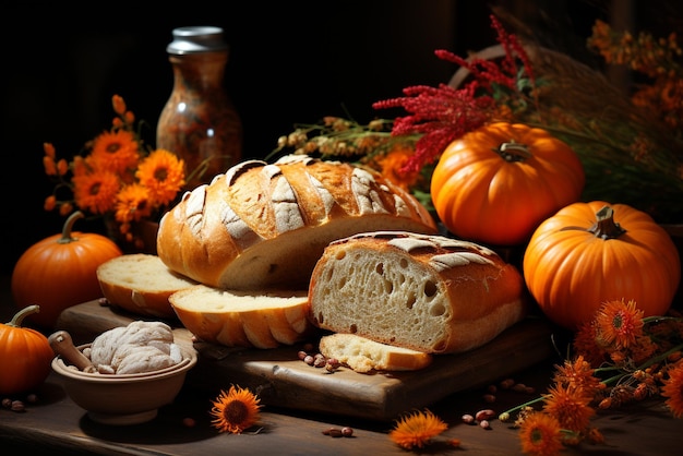 thanksgiving bread and other pumpkins surrounded by leaves