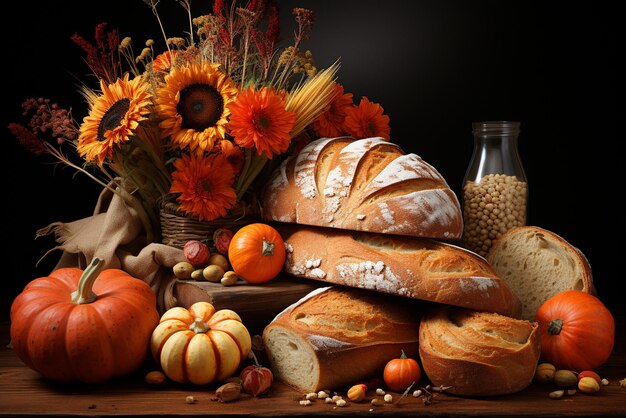 thanksgiving bread and other pumpkins surrounded by leaves