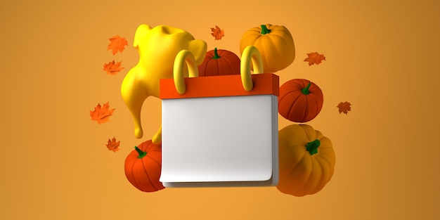 Photo thanksgiving calendar with turkey and pumpkins. mockup. copy space. 3d illustration.