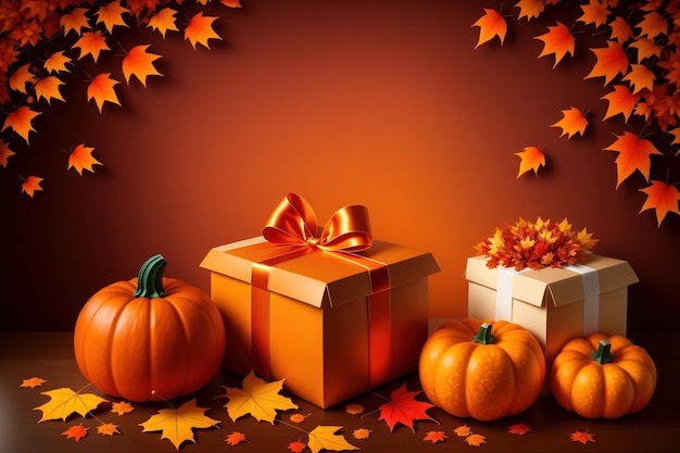 A thanksgiving card with pumpkins and a gift box