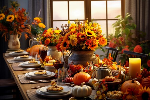 Photo thanksgiving celebration autumn table generated ai