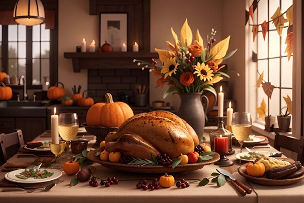 a thanksgiving celebration with beautiful elements in room pumpkins and flowers