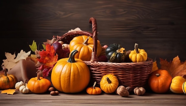 Благодарение близко урожай тыквы в корзине сквош яблоки орехи на деревянном столе Хэллоуин осень
