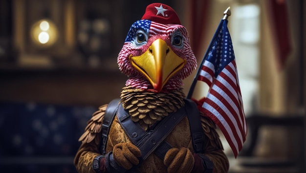 Photo thanksgiving concept with a turkey figure in usa flag colors wearing a red beret