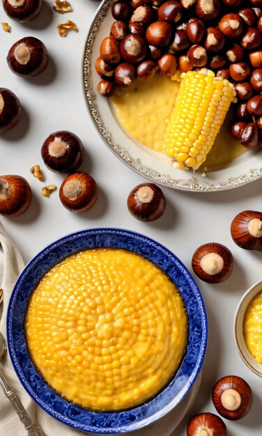 Thanksgiving corn pudding next to a plate of roasted chestnut