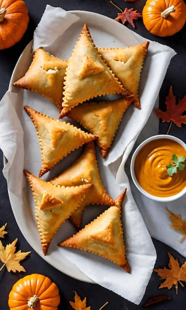 Thanksgiving corn and pumpkin samosas with di