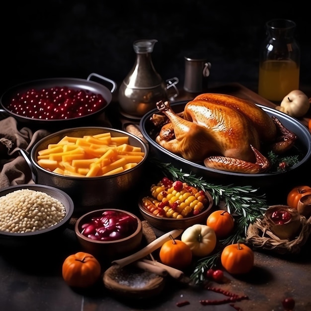 Foto thanksgiving-dag- of herfstcompositie met pompoen-sinaasappelbladeren of thanksgiving-voedsel van kip