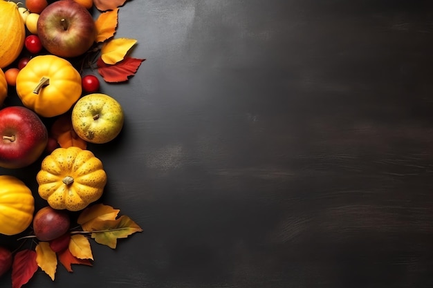 Thanksgiving-dag- of herfstcompositie met pompoen-sinaasappelbladeren of Thanksgiving-voedsel van kip