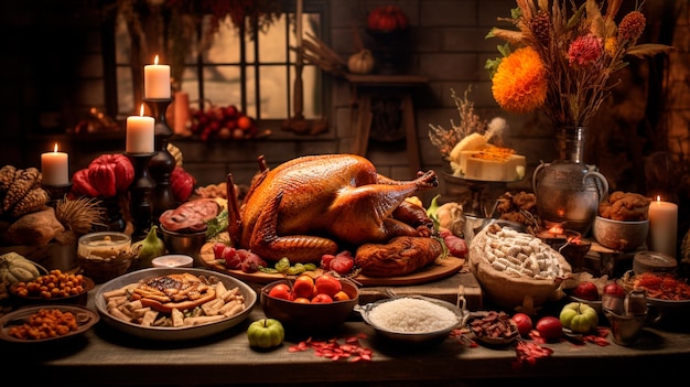 Thanksgiving dag tafel gelegd met kalkoen generatieve AI