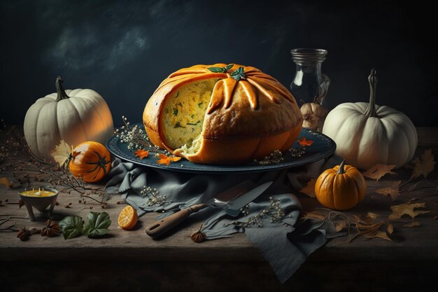 Thanksgiving-dagmaaltijd met taartpompoen-sinaasappelen of geroosterde kip in ovenvorm Thanksgiving-voedsel