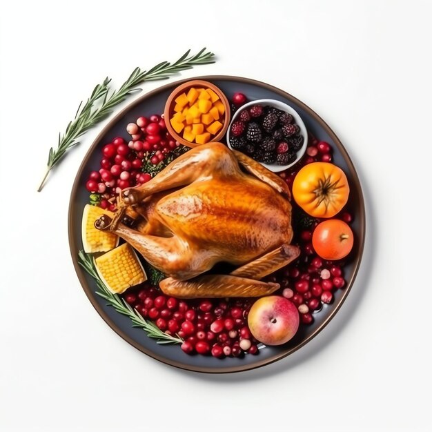 Photo thanksgiving day or autumn composition with pumpkin oranges leaves or chicken thanksgiving food