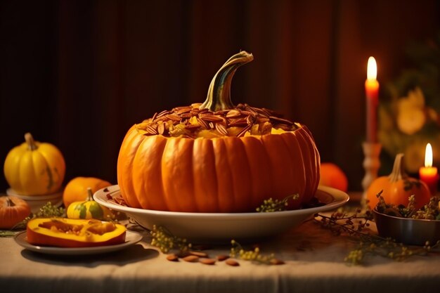 Thanksgiving day or autumn composition with pumpkin oranges leaves or chicken Thanksgiving food