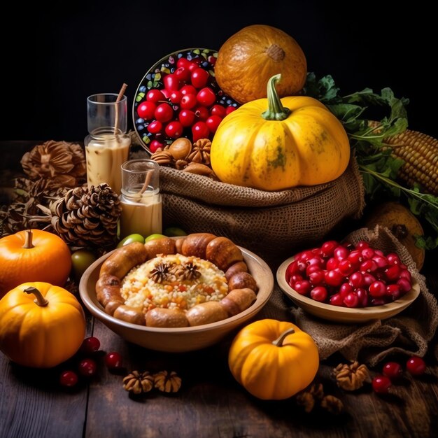感謝祭の日またはカボチャ オレンジの葉または鶏肉の秋の組成物 感謝祭の食べ物