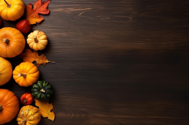 Thanksgiving day or autumn composition with pumpkin oranges leaves or chicken Thanksgiving food
