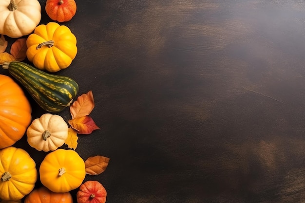 Thanksgiving day or autumn composition with pumpkin oranges leaves or chicken Thanksgiving food