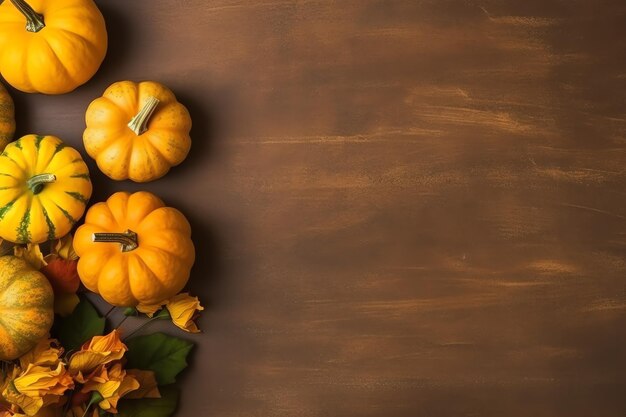 Photo thanksgiving day or autumn composition with pumpkin oranges leaves or chicken thanksgiving food