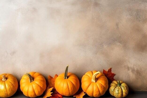 Photo thanksgiving day or autumn composition with pumpkin oranges leaves or chicken thanksgiving food