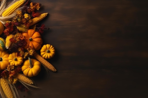 Thanksgiving day or autumn composition with pumpkin oranges leaves or chicken thanksgiving food